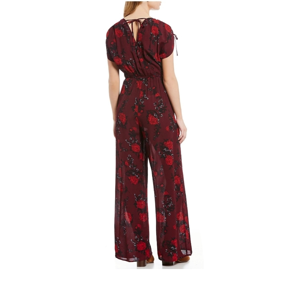 Band of Gypsies Morgan Wide Leg Floral Jumpsuit Burgundy with Roses Sz M - Picture 5 of 15